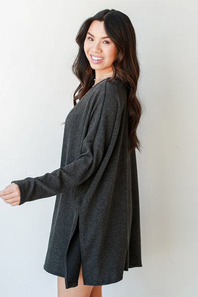 Ribbed Cardigan in charcoal side view