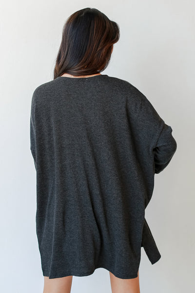 Ribbed Cardigan in charcoal back view
