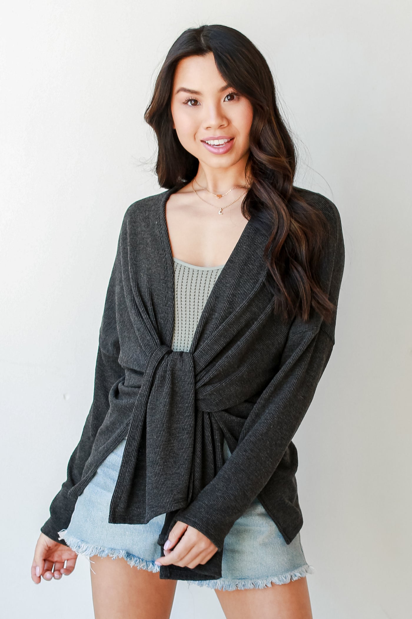 Ribbed Cardigan in charcoal front view