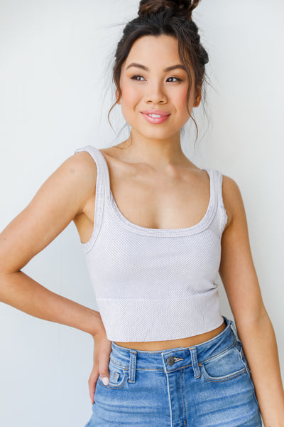 Seamless Ribbed Cropped Tank in grey on model