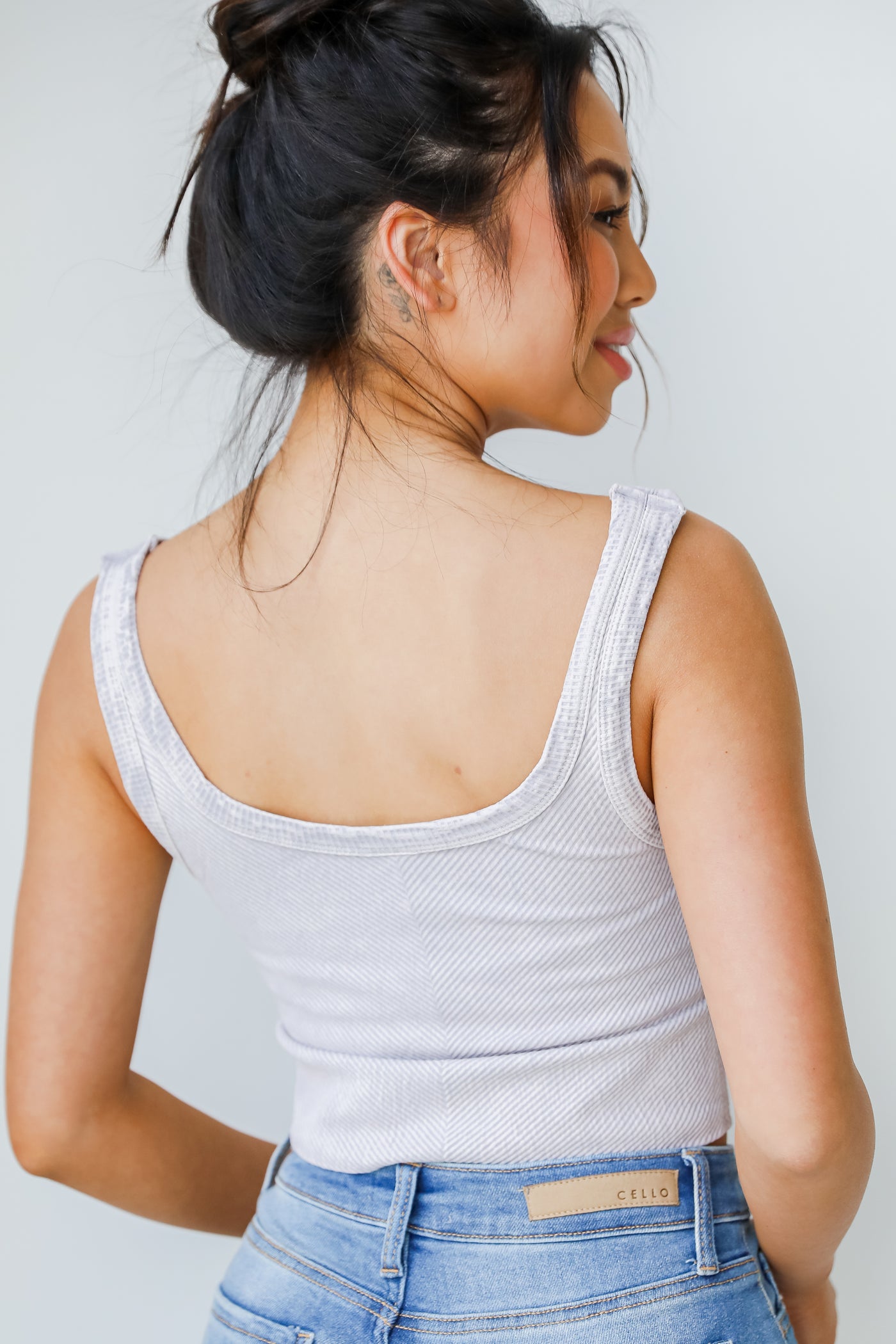 Seamless Ribbed Cropped Tank in grey back view