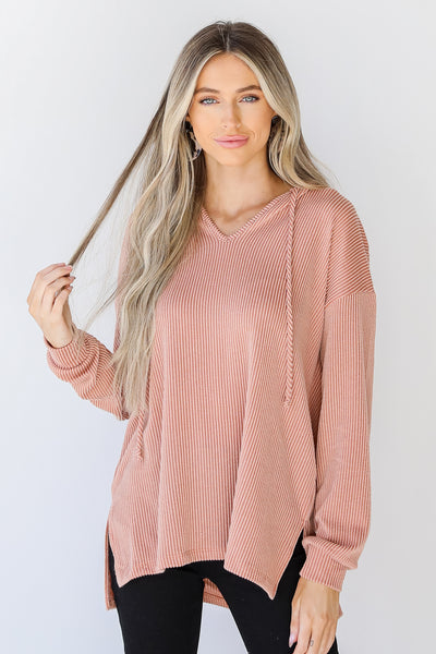 Corded Hoodie in blush front view