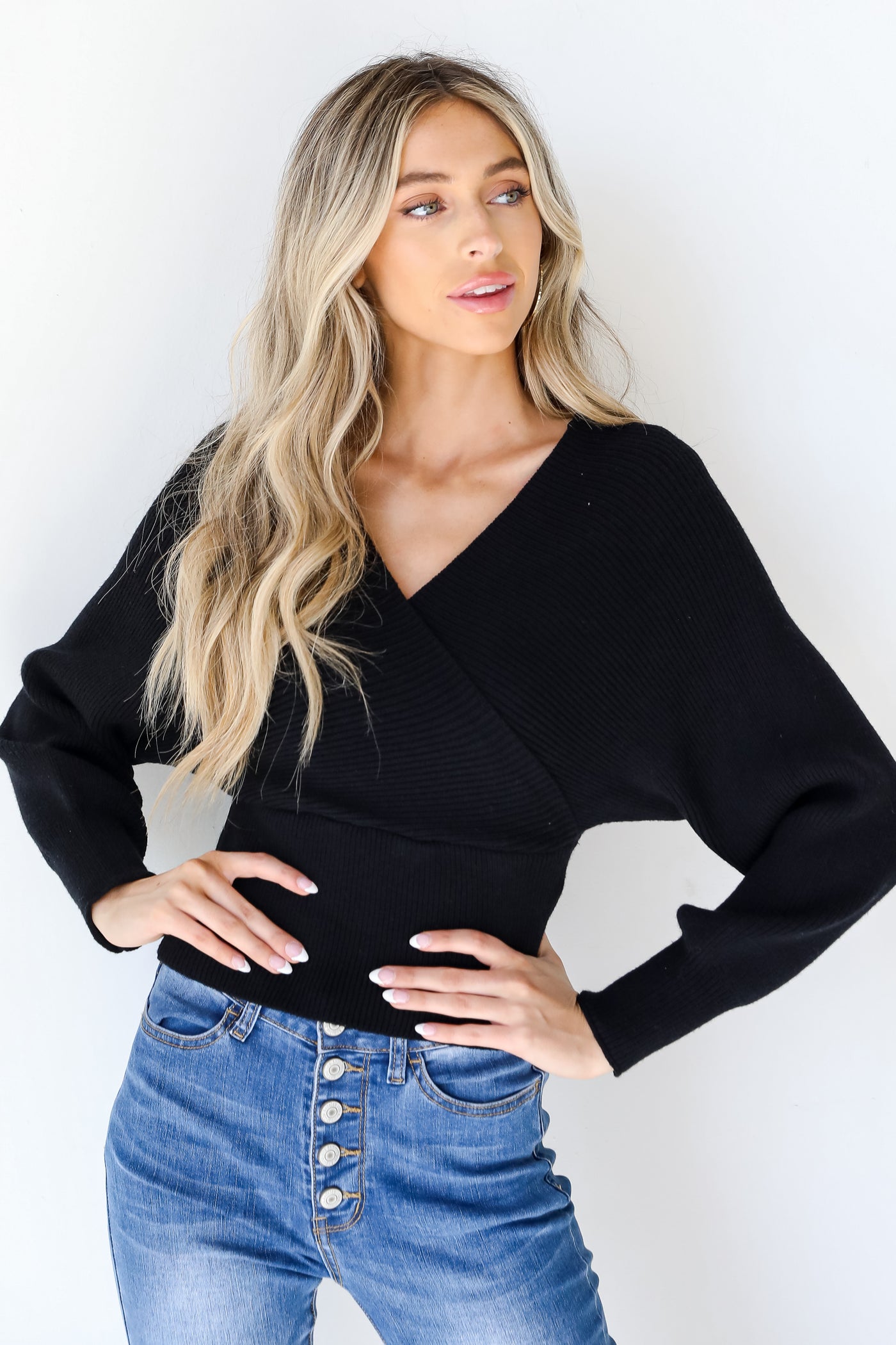 Surplice Sweater in black front view
