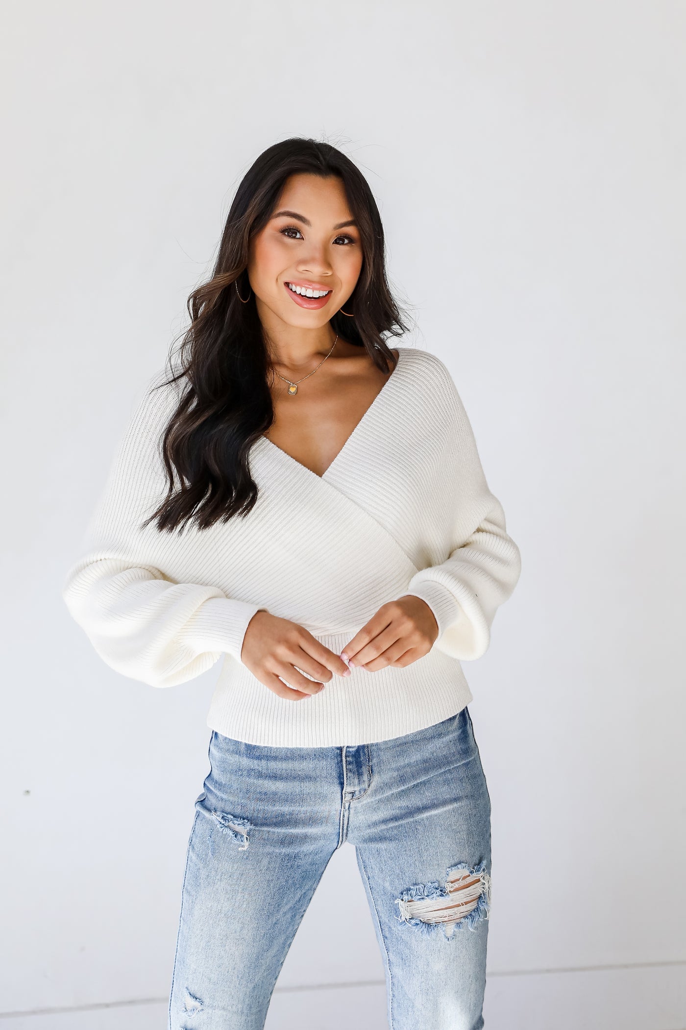 Surplice Sweater in white front view