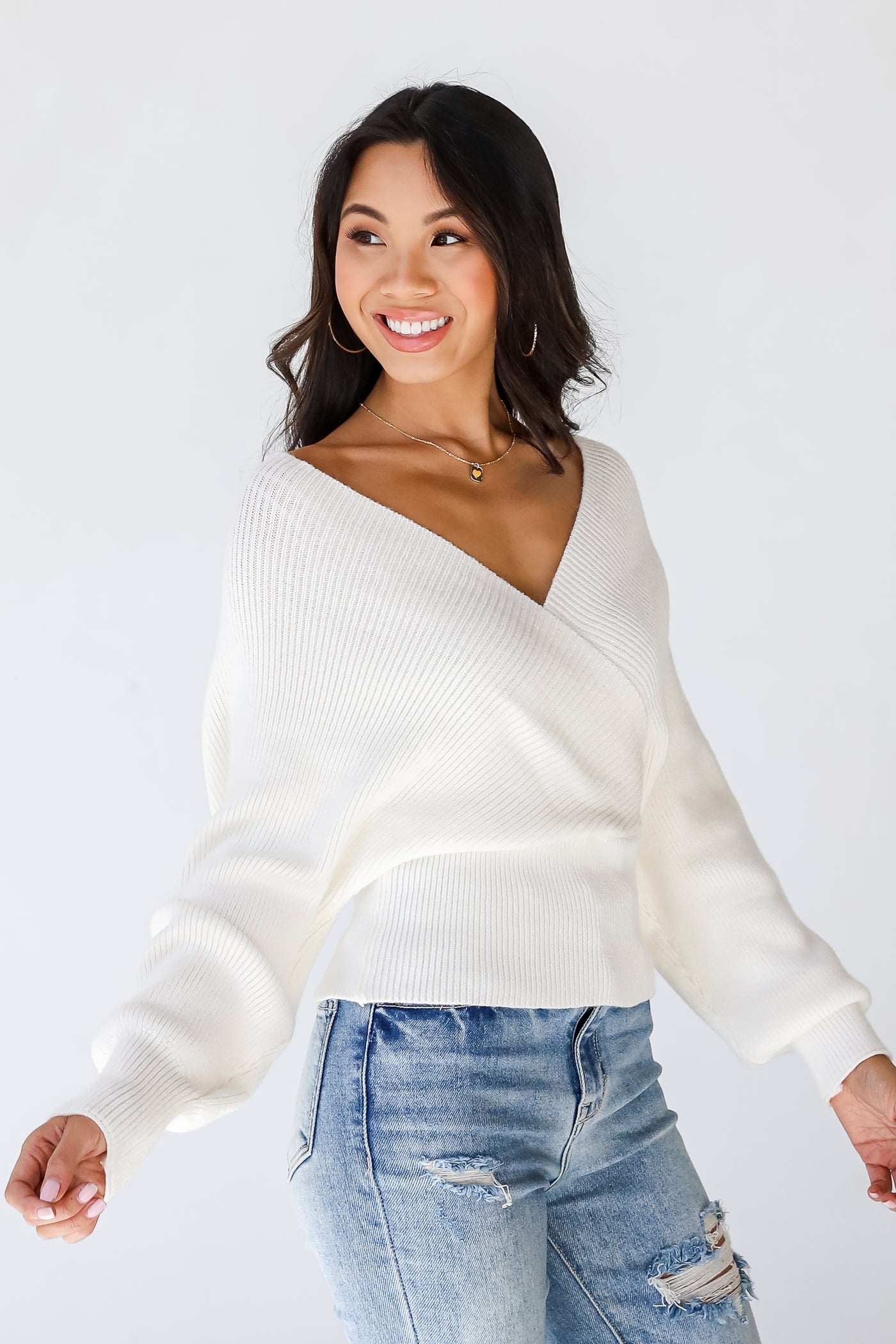 Surplice Sweater in white side view