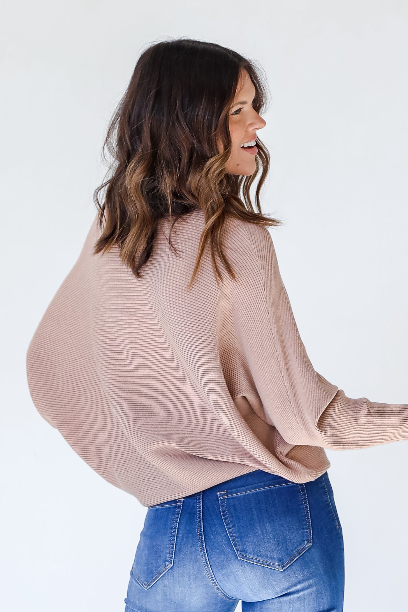 Ribbed Sweater in taupe back view