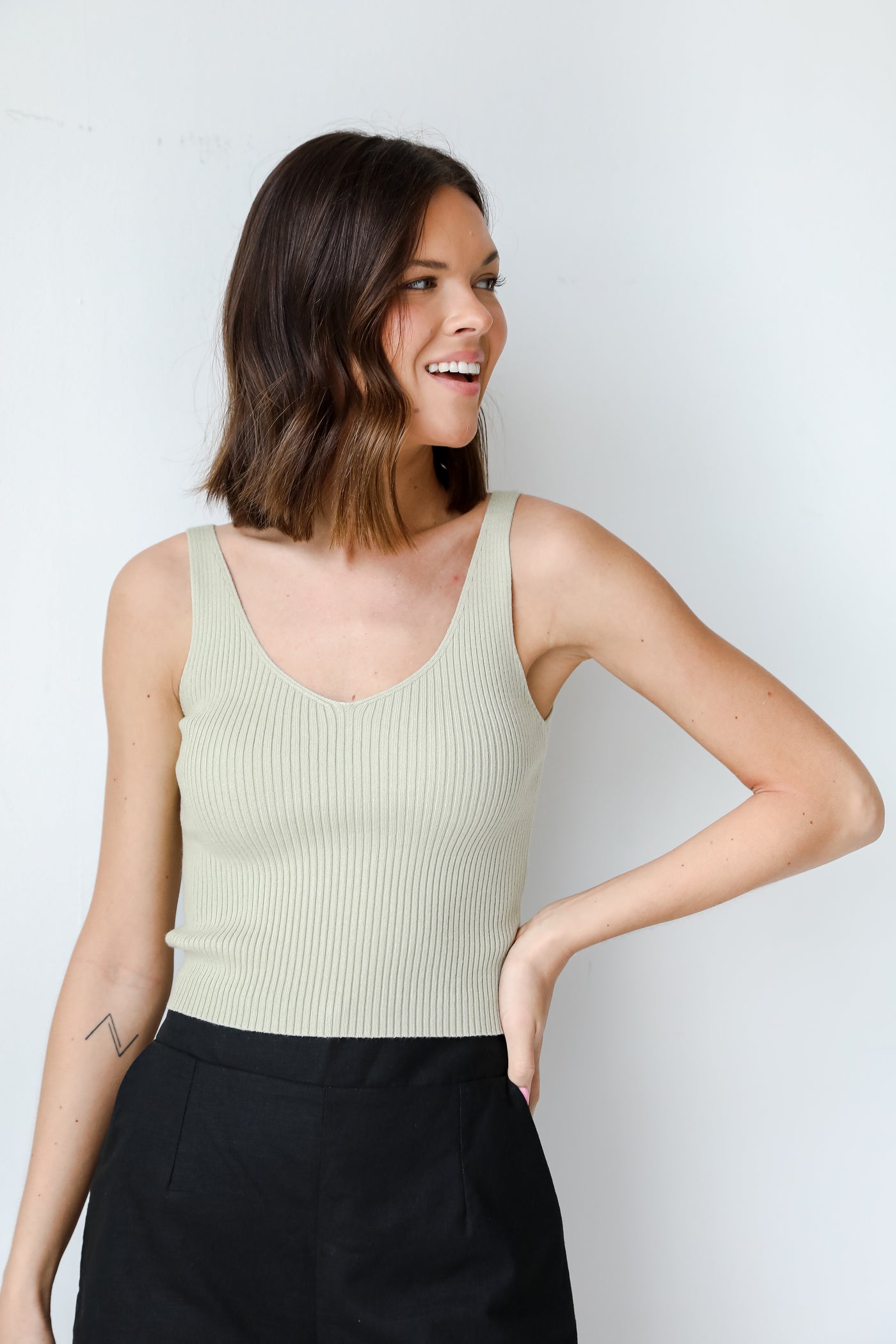 Ribbed Tank in sage on model