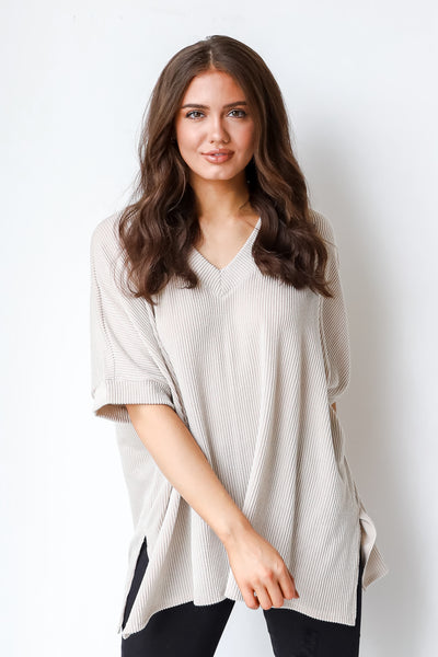 Oversized Corded Top in oatmeal front view