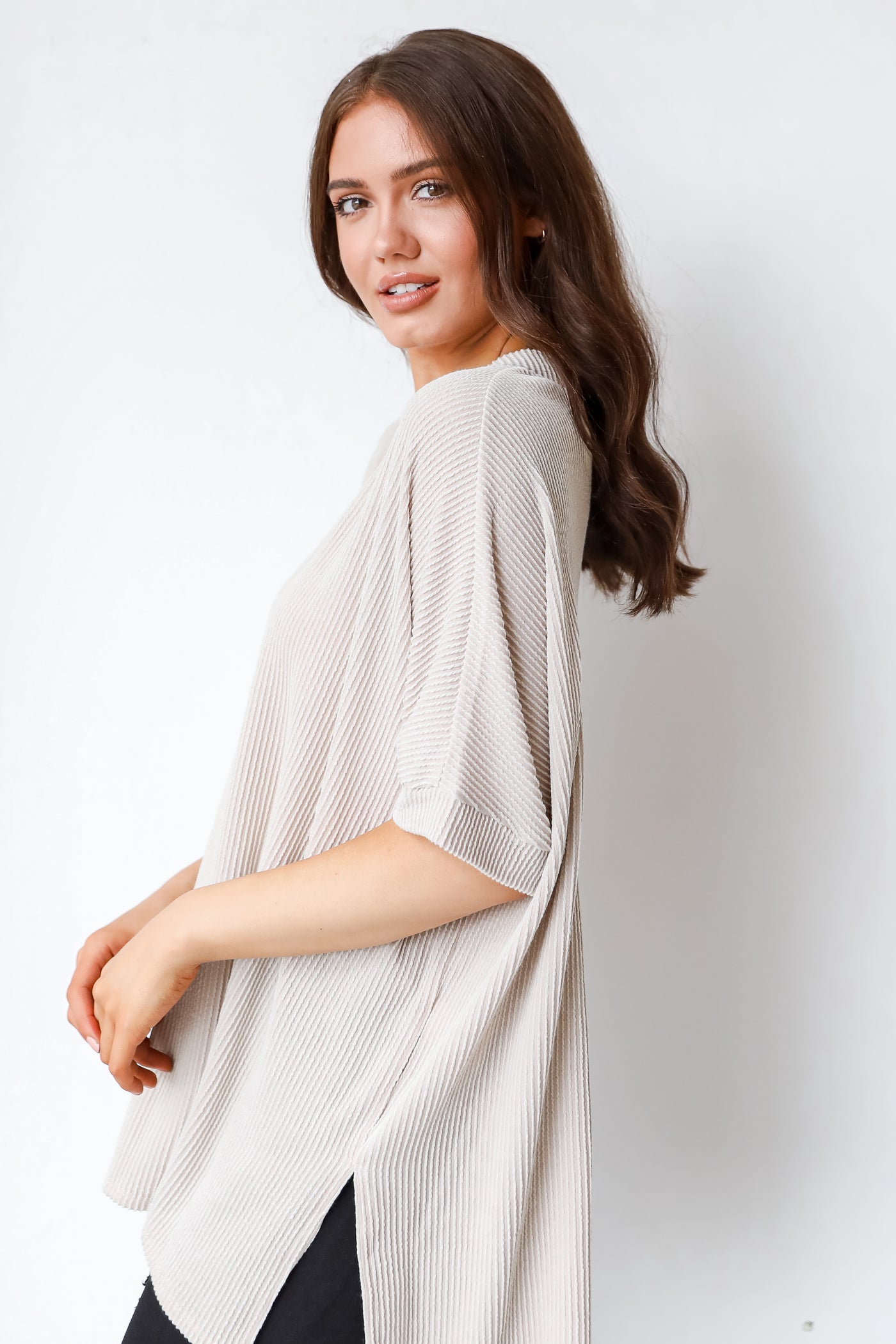 Oversized Corded Top in oatmeal side view