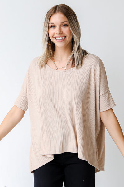 taupe ribbed tee front view