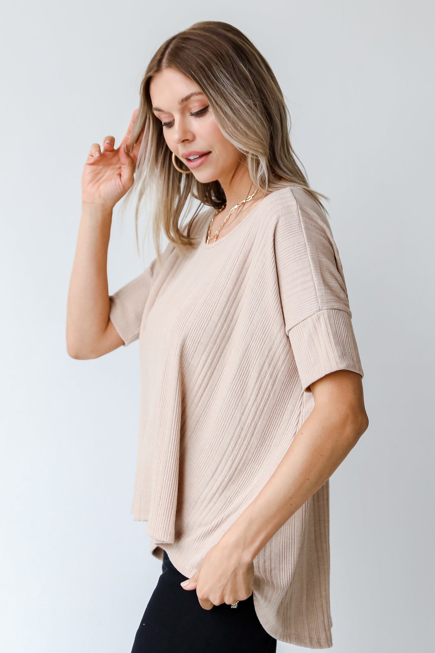 taupe ribbed tee side view