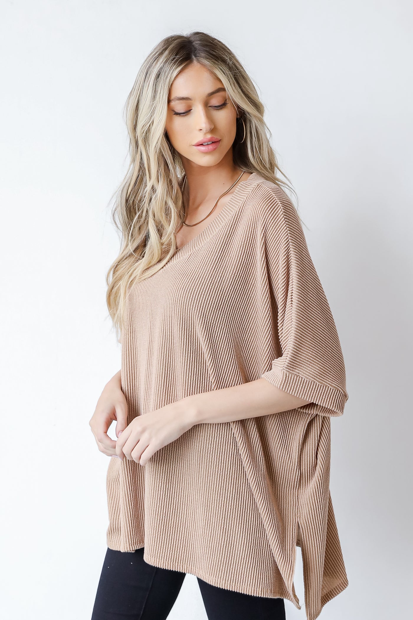 Oversized Corded Top in camel side view