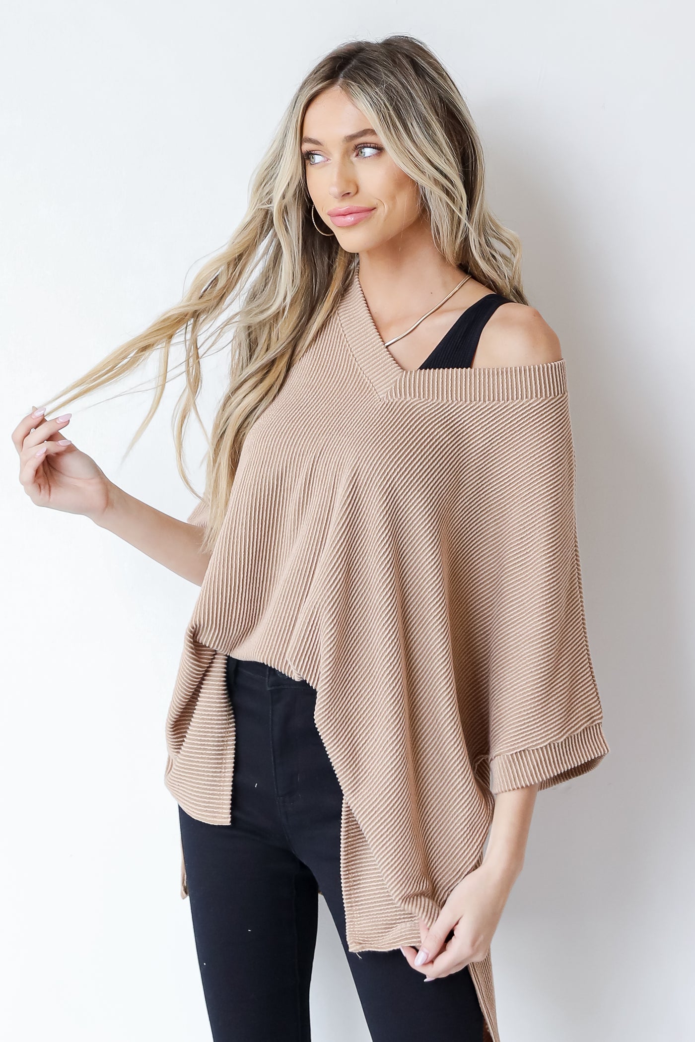 Oversized Corded Top in camel front view