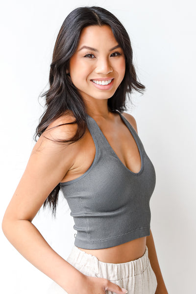 Padded V-Neck Ribbed Cropped Tank in charcoal side view