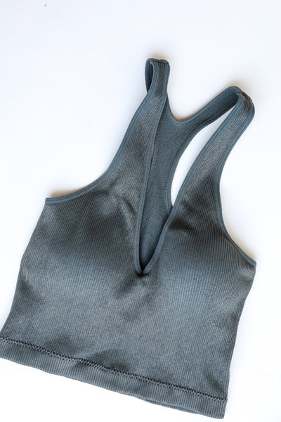 Padded V-Neck Ribbed Cropped Tank in charcoal flat lay