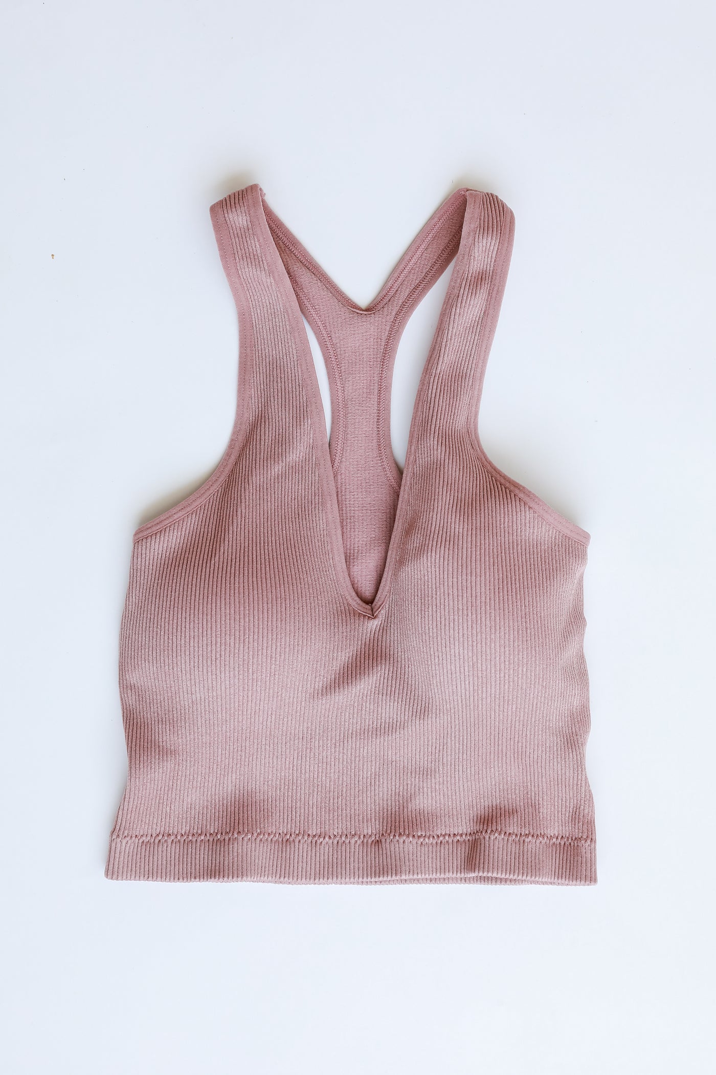 Padded V-Neck Ribbed Cropped Tank in mauve flat lay