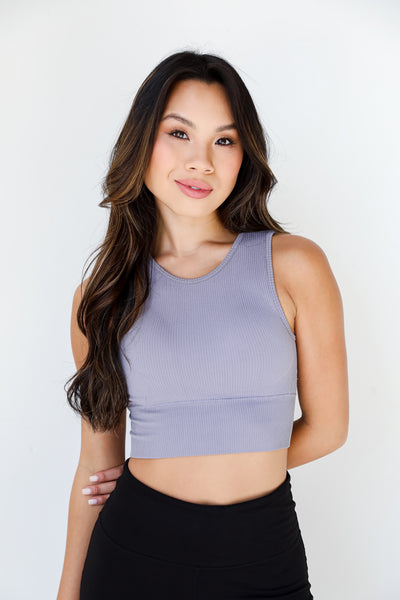 grey Padded Ribbed High-Neck Tank on model