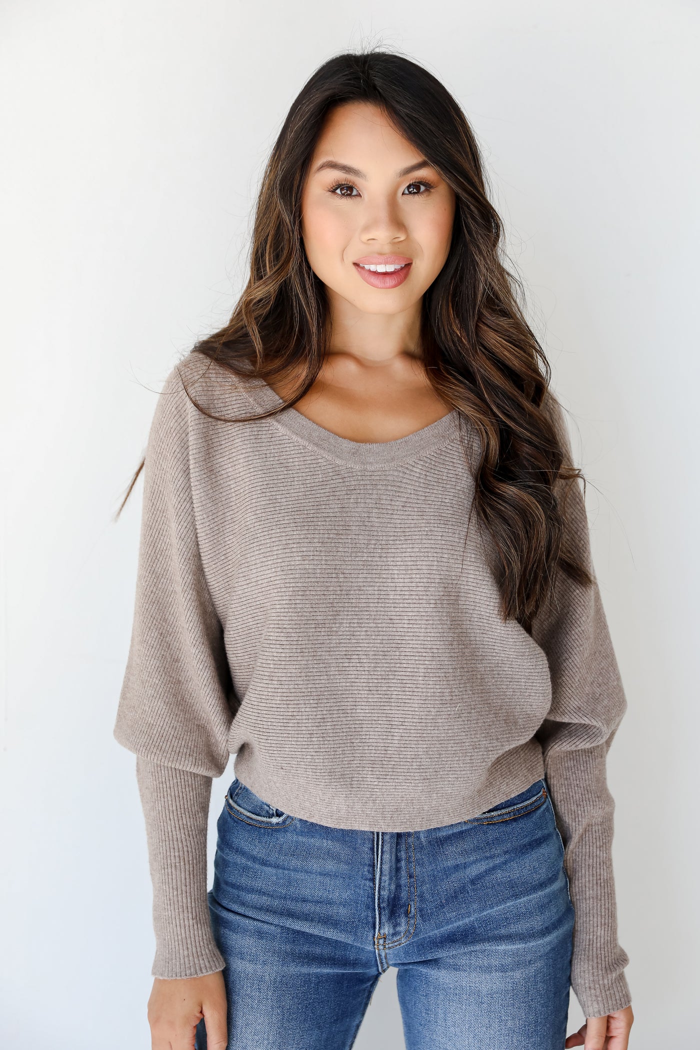 mocha ribbed Sweater front view