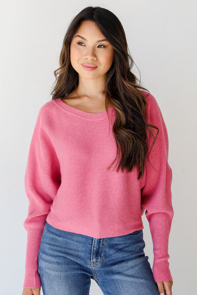 pink ribbed Sweater front view