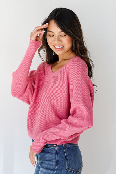 pink ribbed Sweater side view