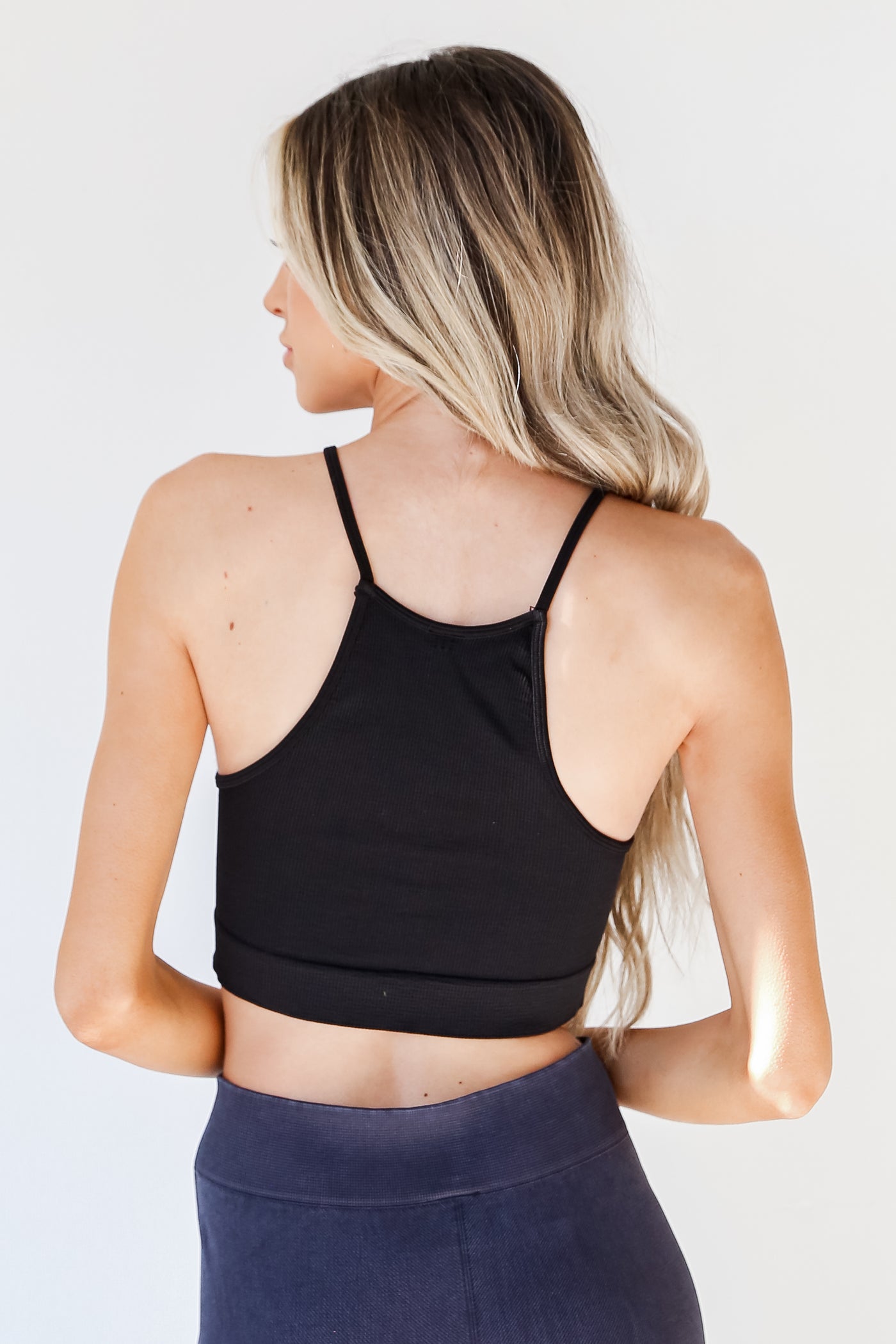Seamless Cropped Ribbed Tank in black back view