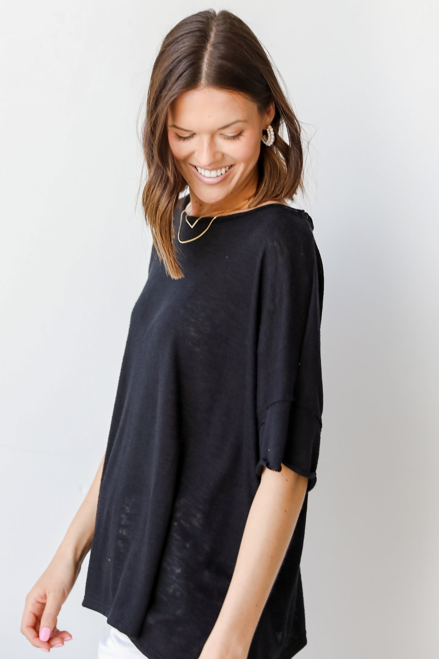 Knit Round Neck Tee in black side view