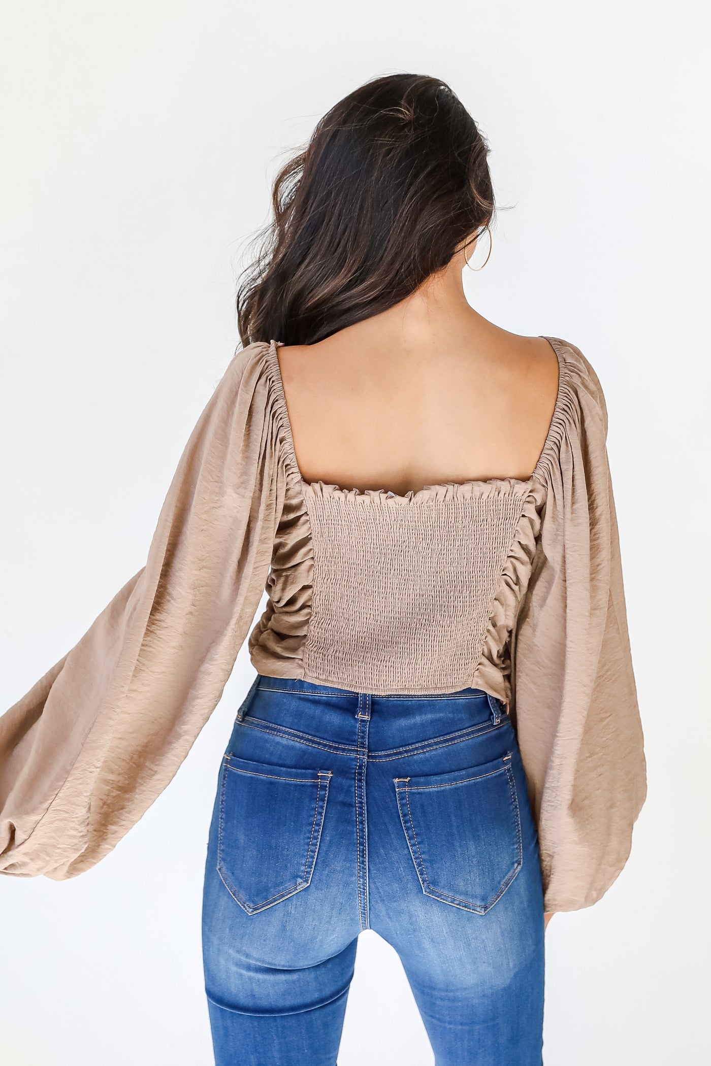 Ruched Cropped Blouse in mocha back view