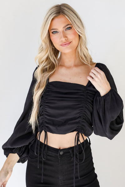 Ruched Cropped Blouse in black front view