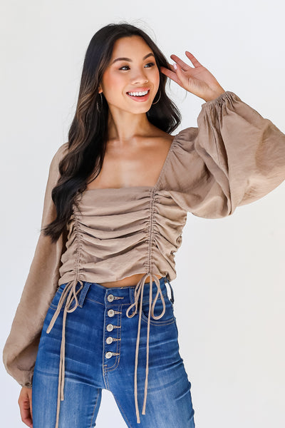 Ruched Cropped Blouse in mocha front view