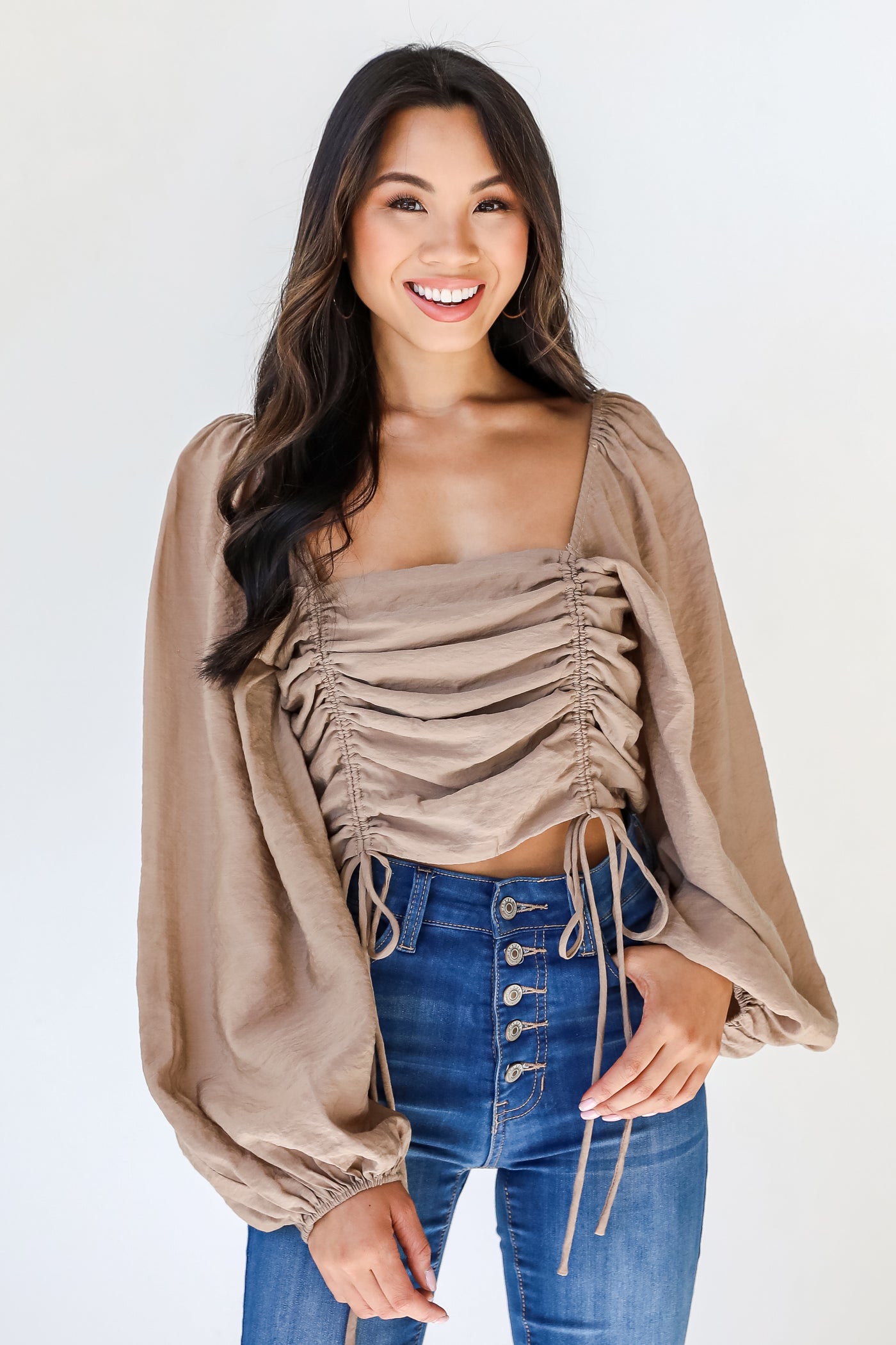 Ruched Cropped Blouse in mocha