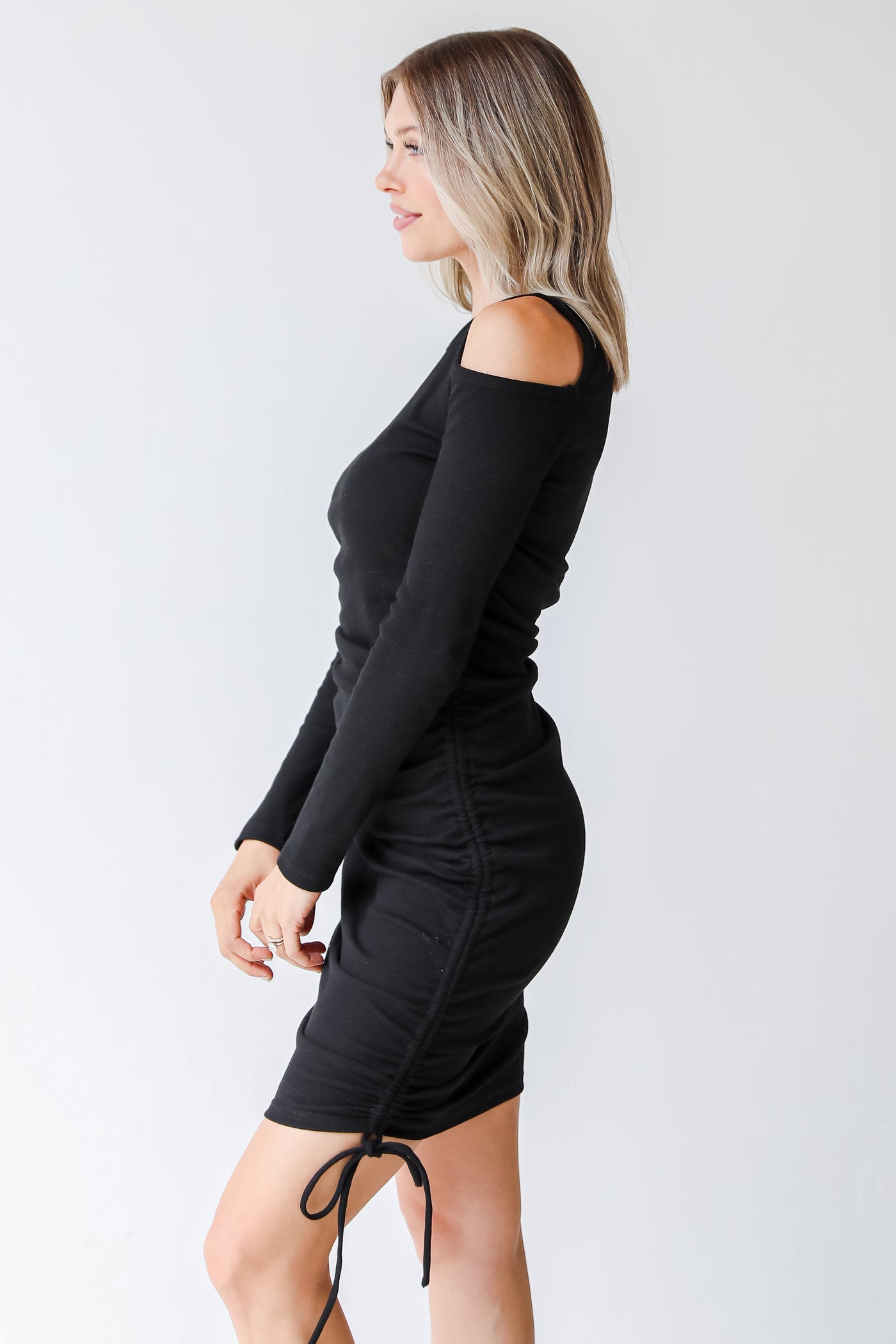 black ruched dress side view