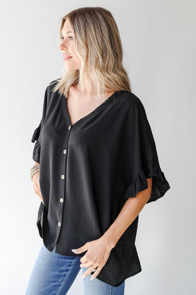 Ruffle Blouse in black side view