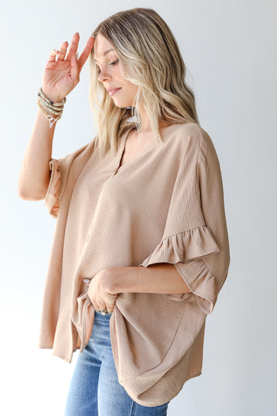 Ruffle Blouse in taupe side view