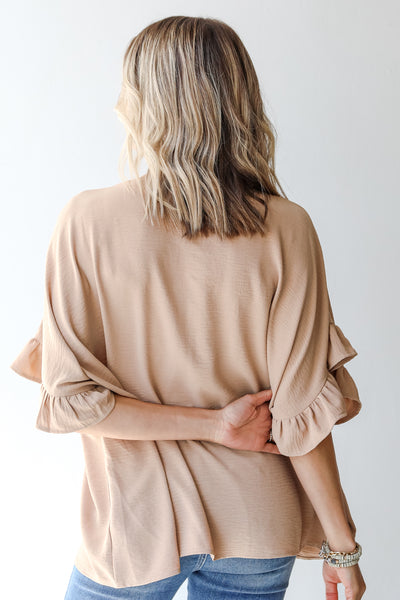 Ruffle Blouse in taupe back view