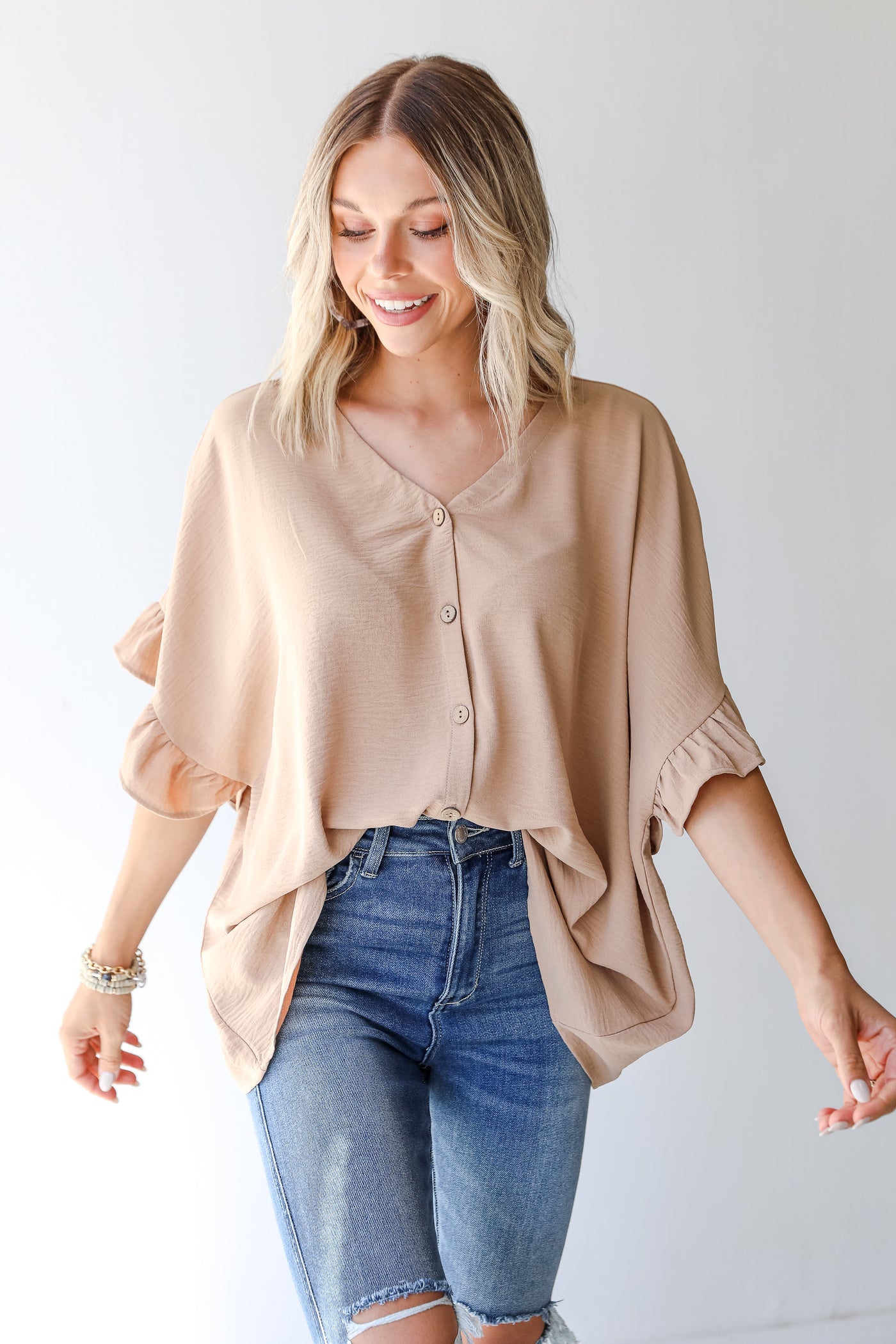Ruffle Blouse in taupe