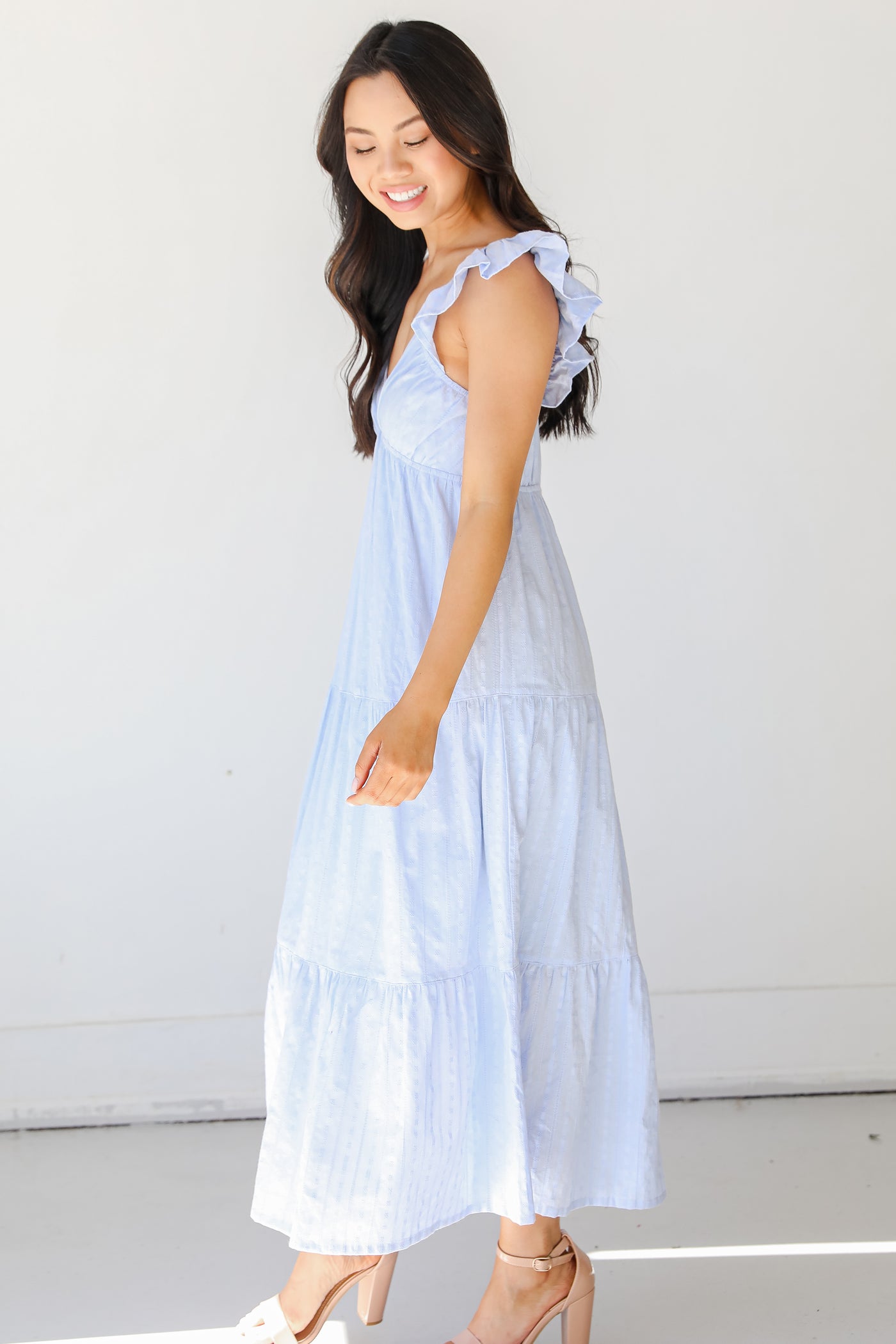 Tiered Midi Dress in light blue side view