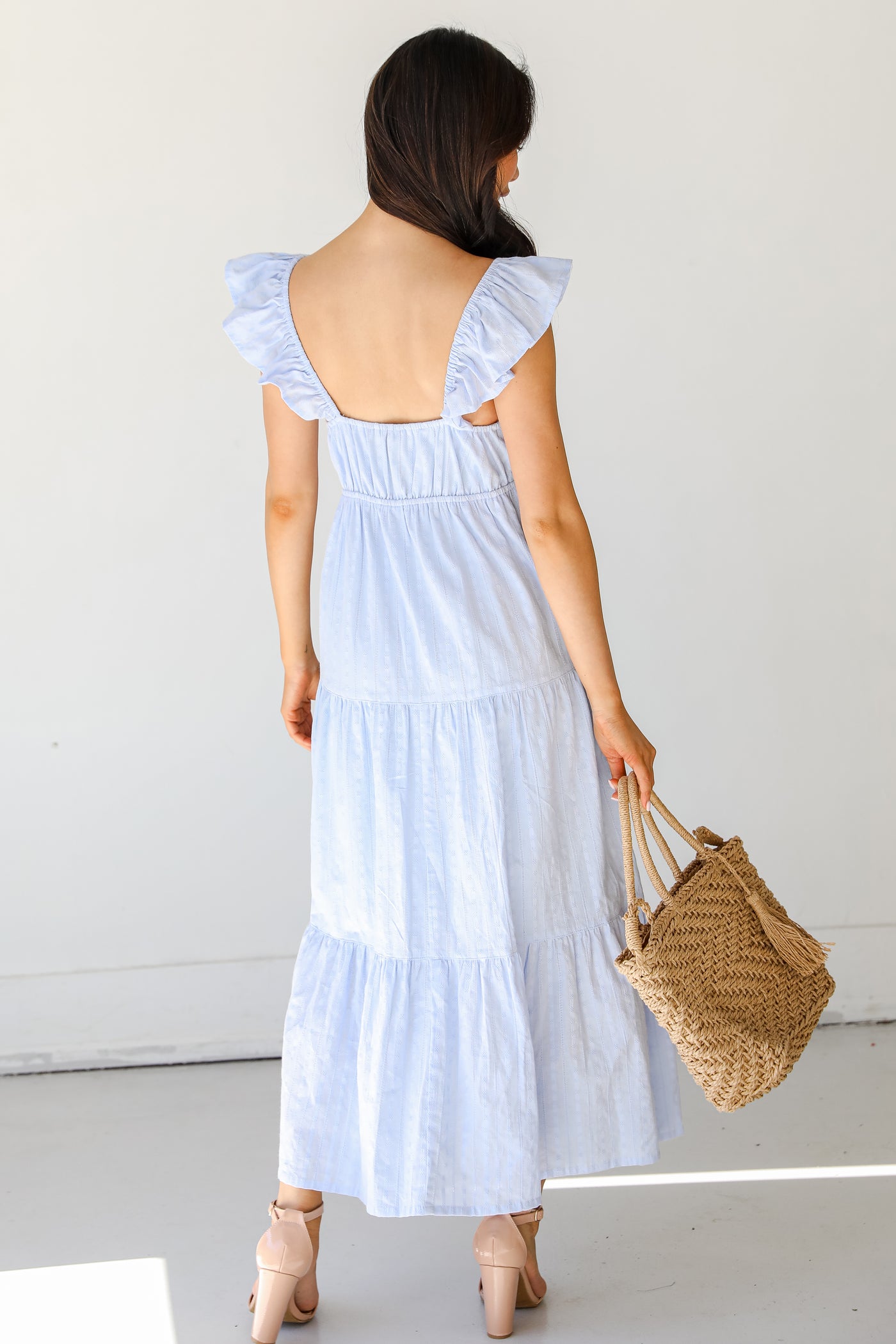 Tiered Midi Dress in light blue back view