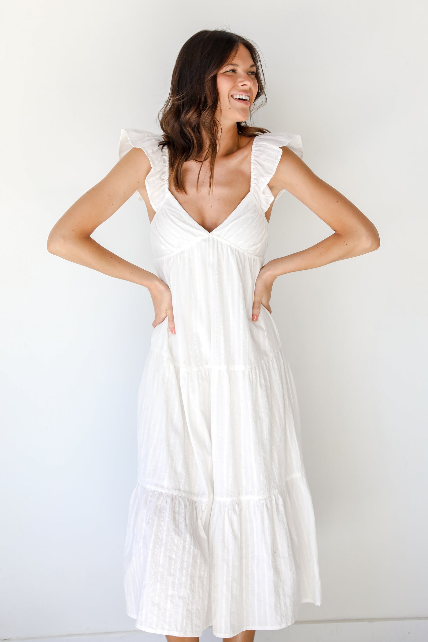 Tiered Midi Dress in white front view