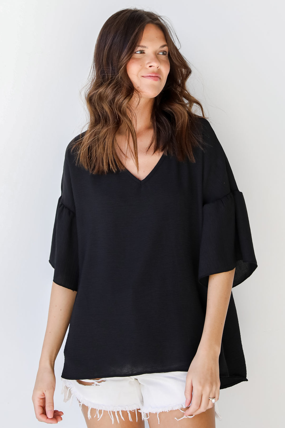 Ruffle Sleeve Blouse in black front view