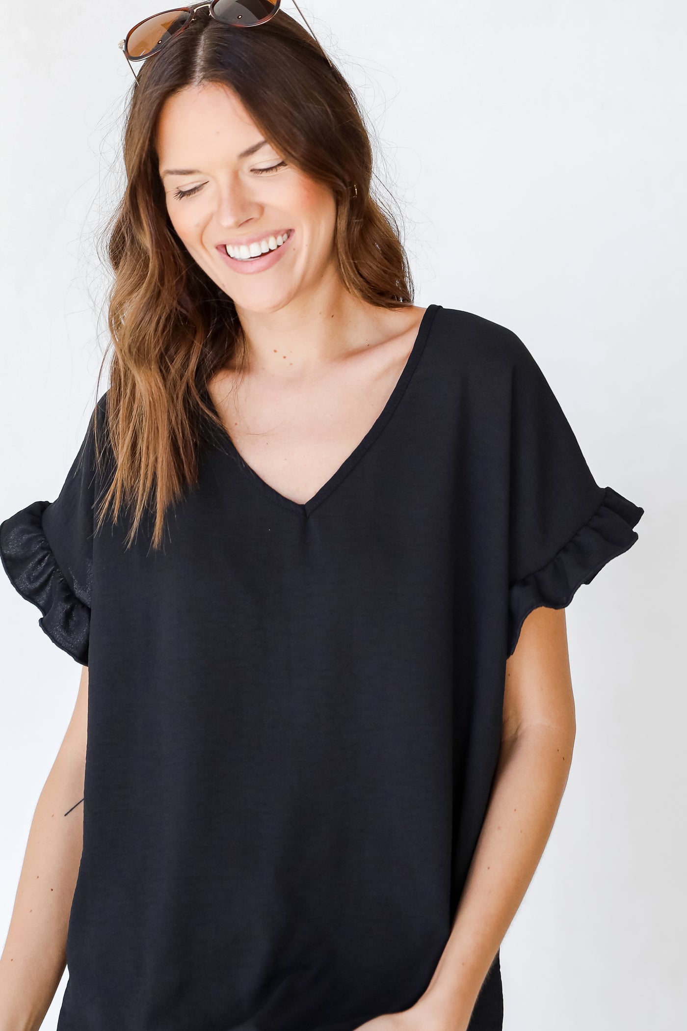 Ruffle Sleeve Blouse in black front view