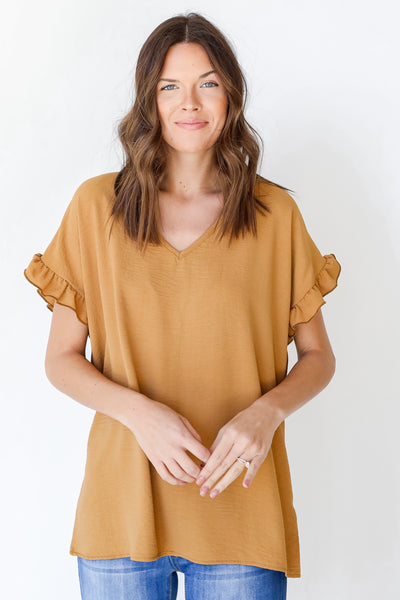 Ruffle Sleeve Blouse in camel front view