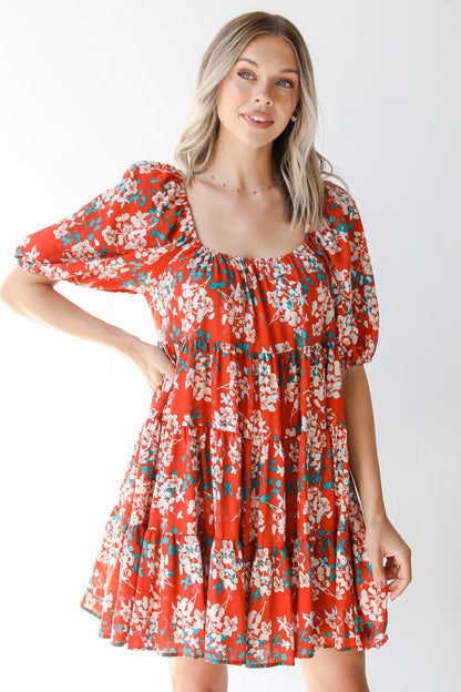 front view of a red floral dress