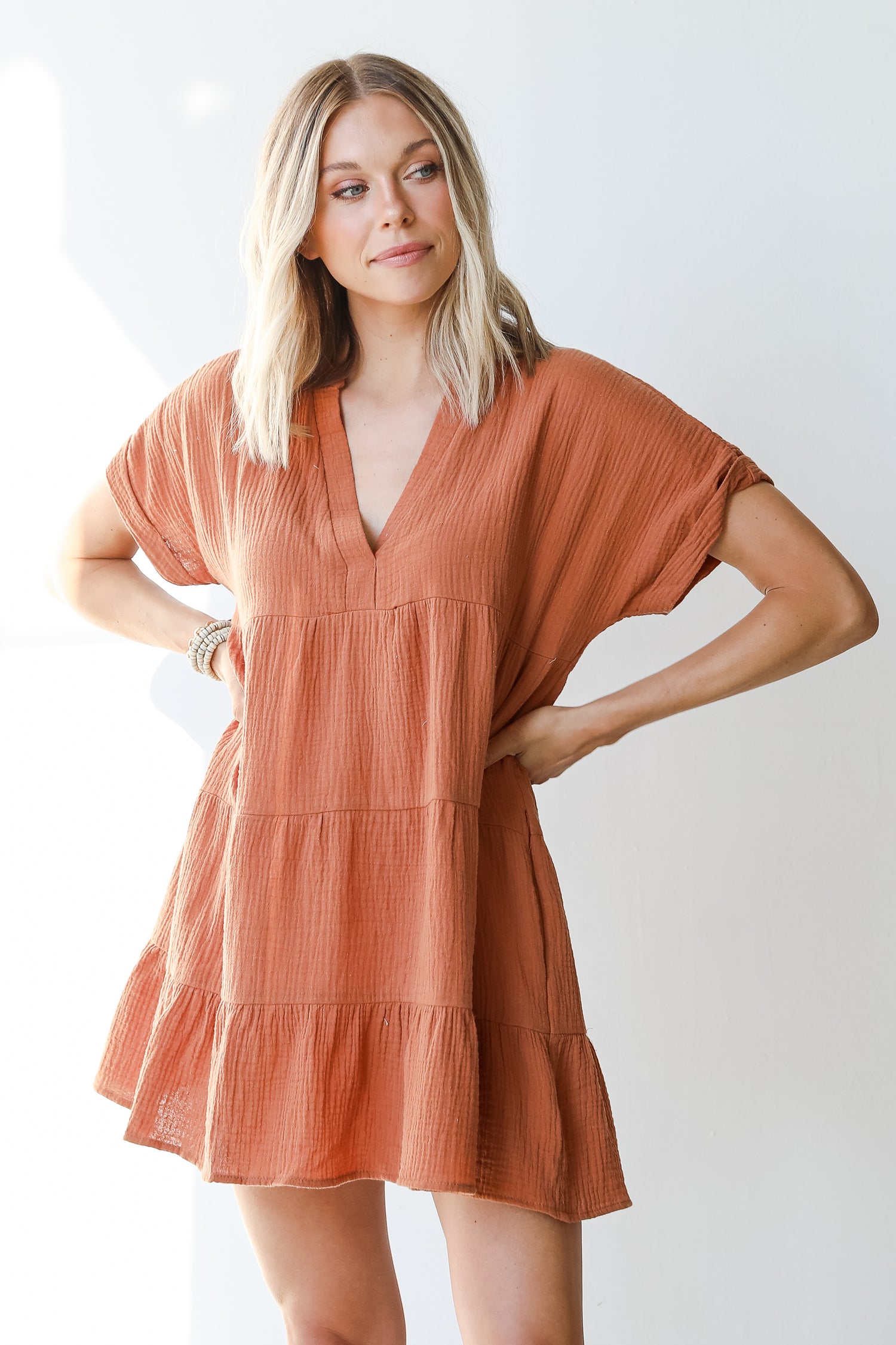 Linen Babydoll Mini Dress on model