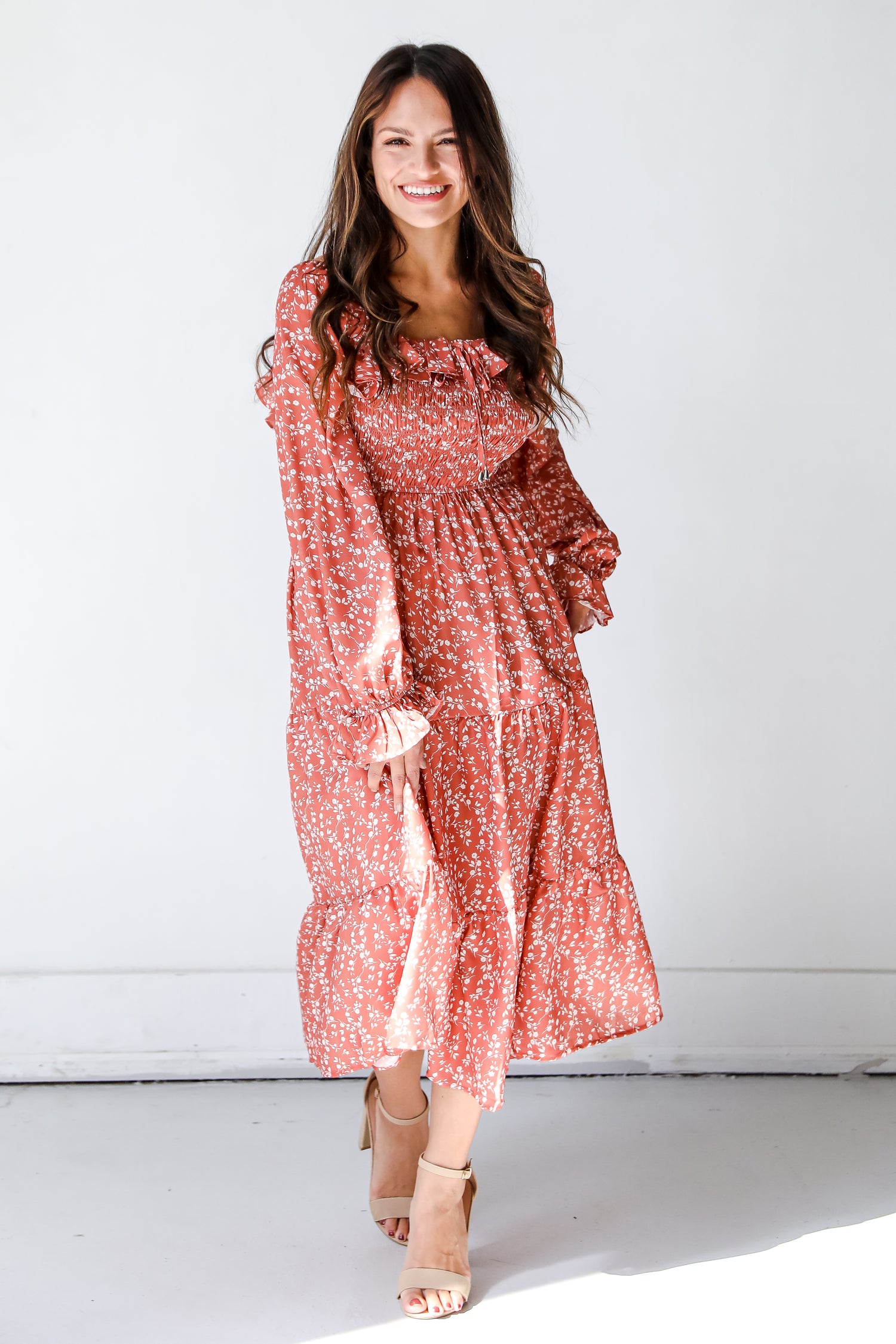 rust Floral Midi Dress on model