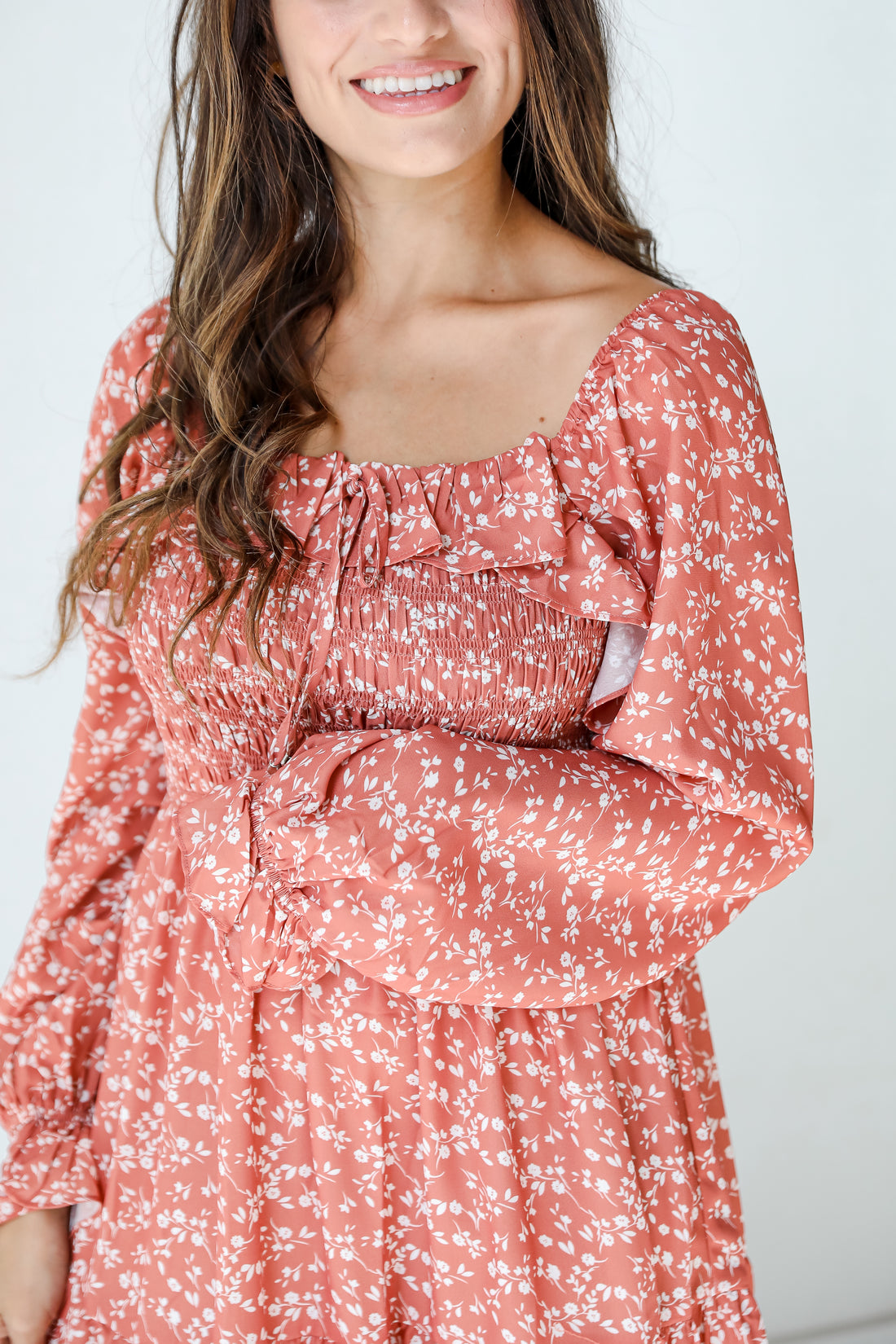 rust Floral Midi Dress close up