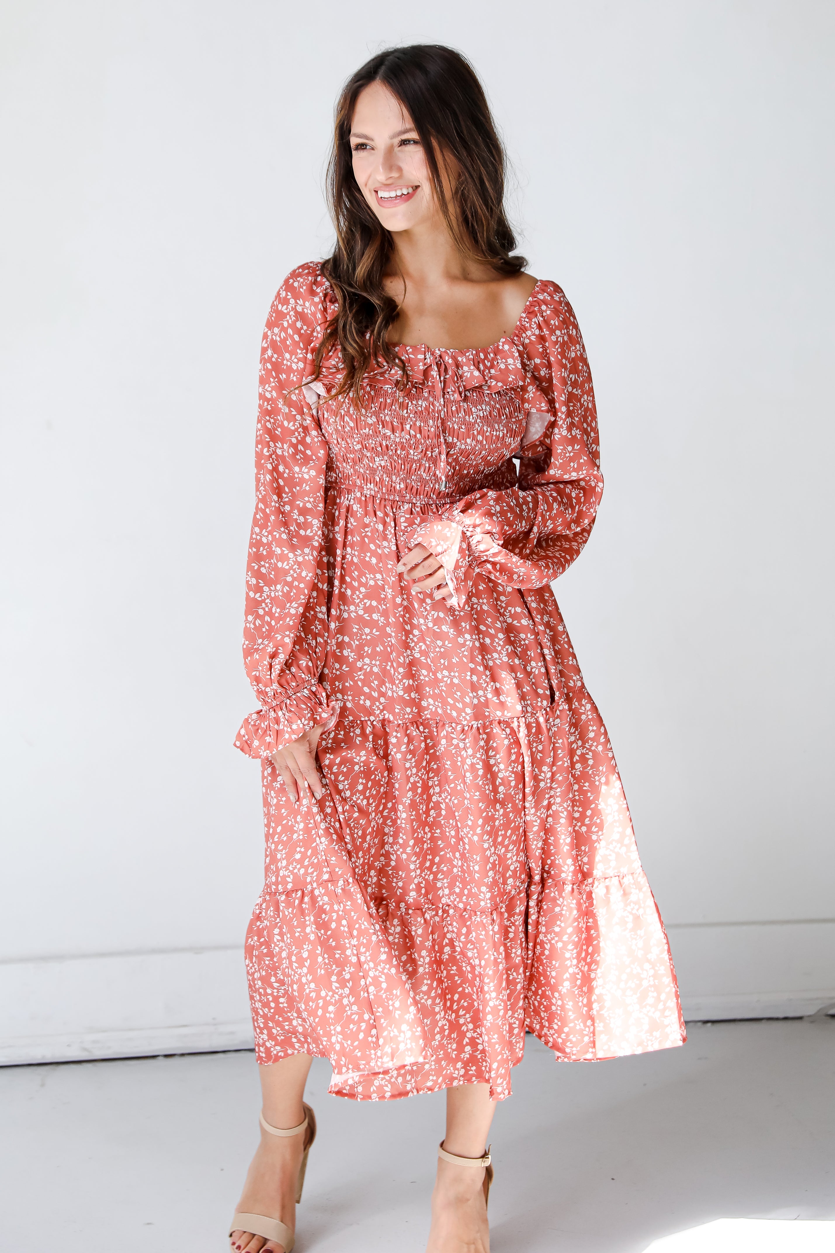 rust Floral Midi Dress front view