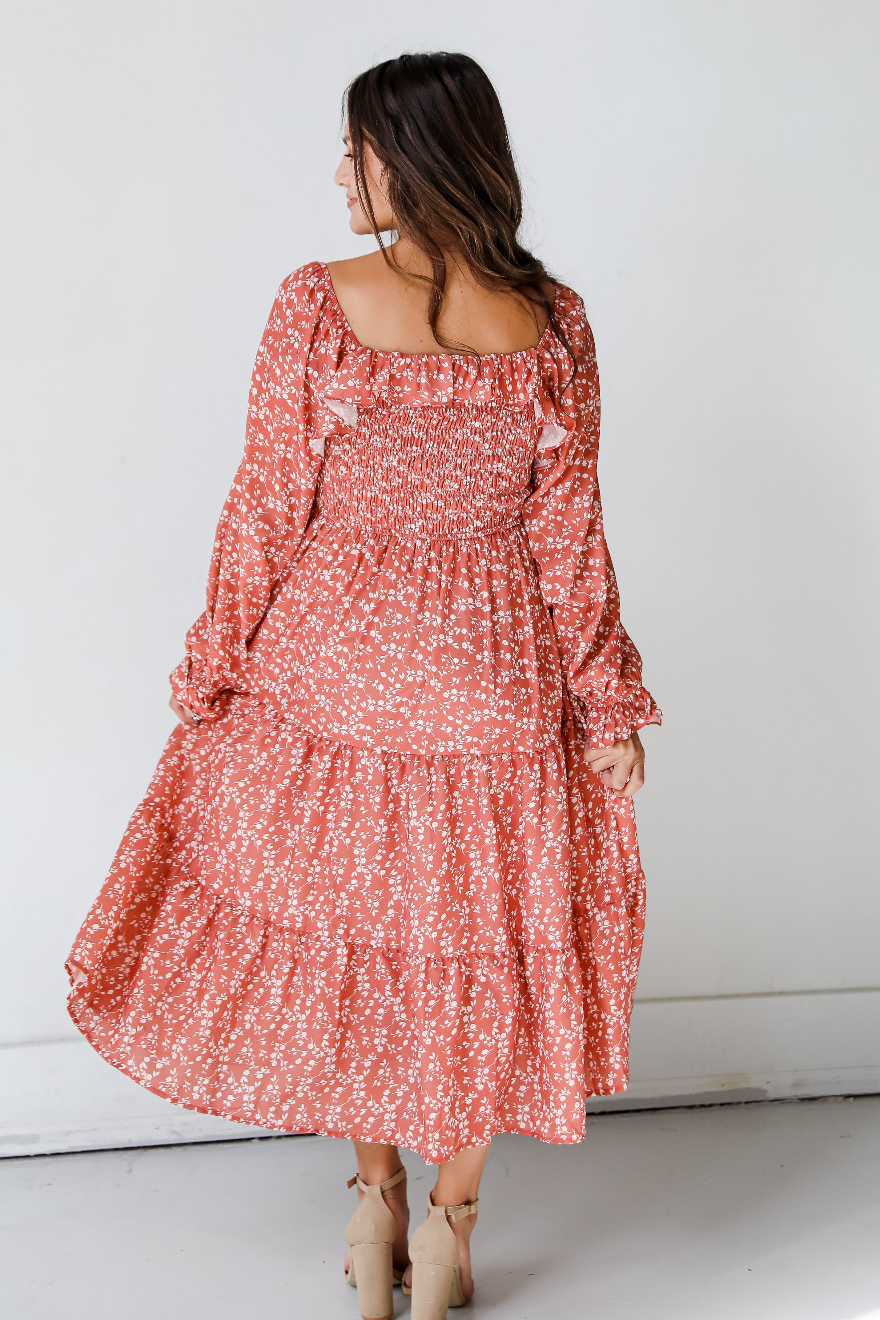 rust Floral Midi Dress back view