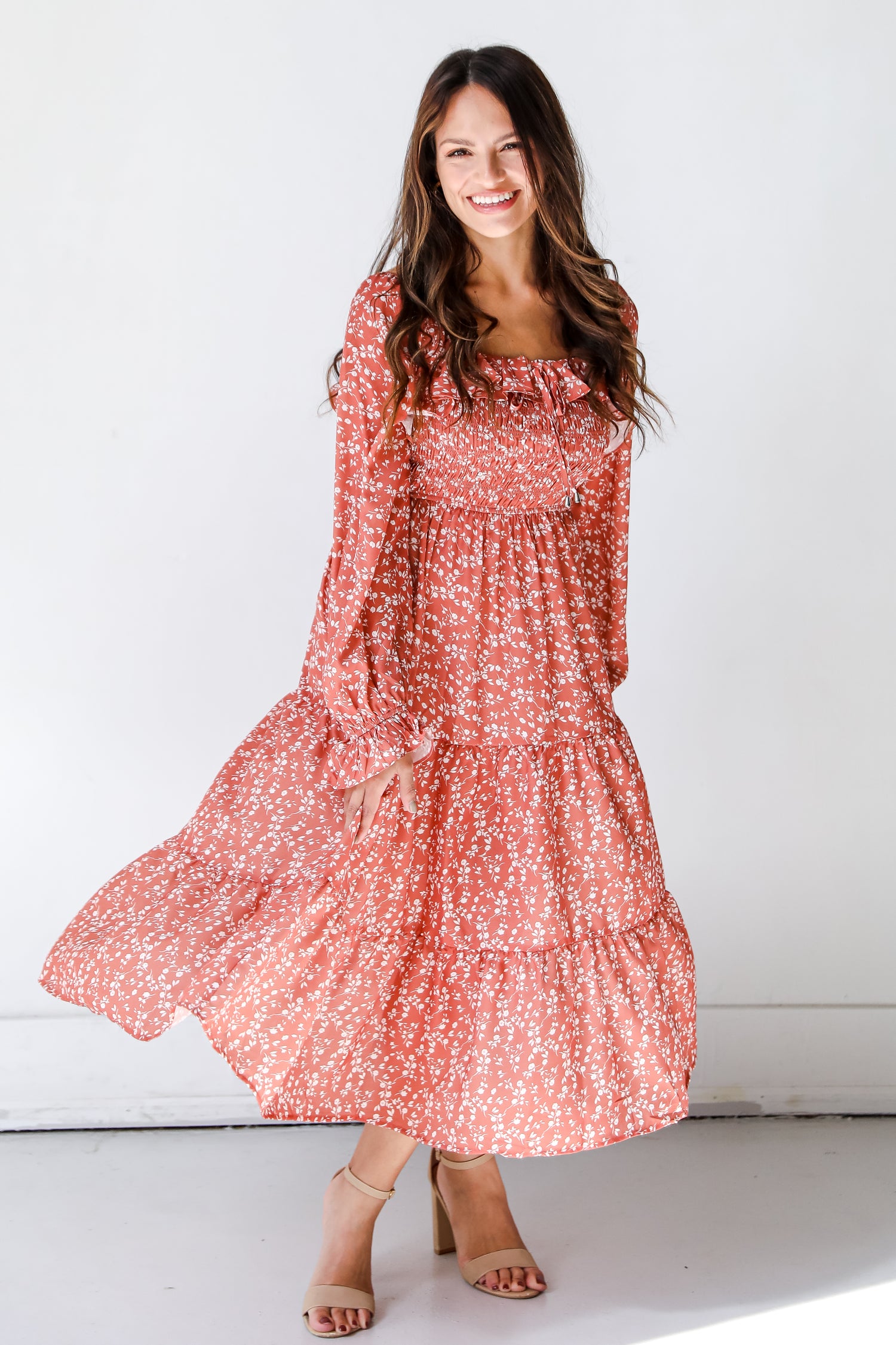 rust Floral Midi Dress