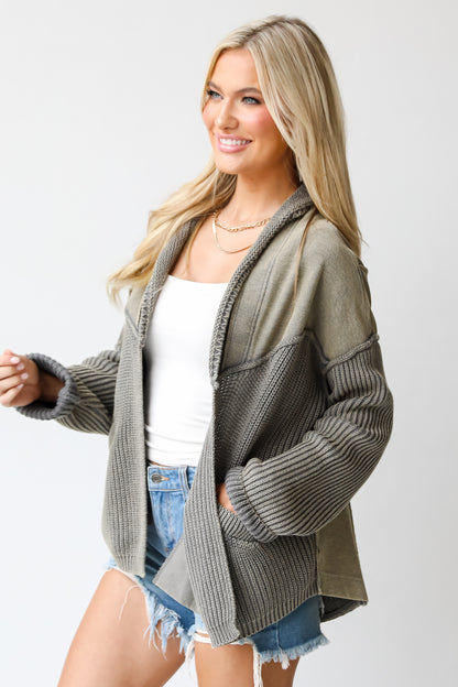 green sweater Cardigan side view