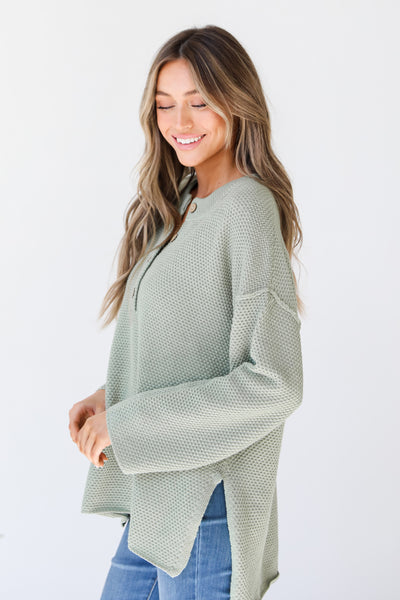 sage Henley Sweater side view
